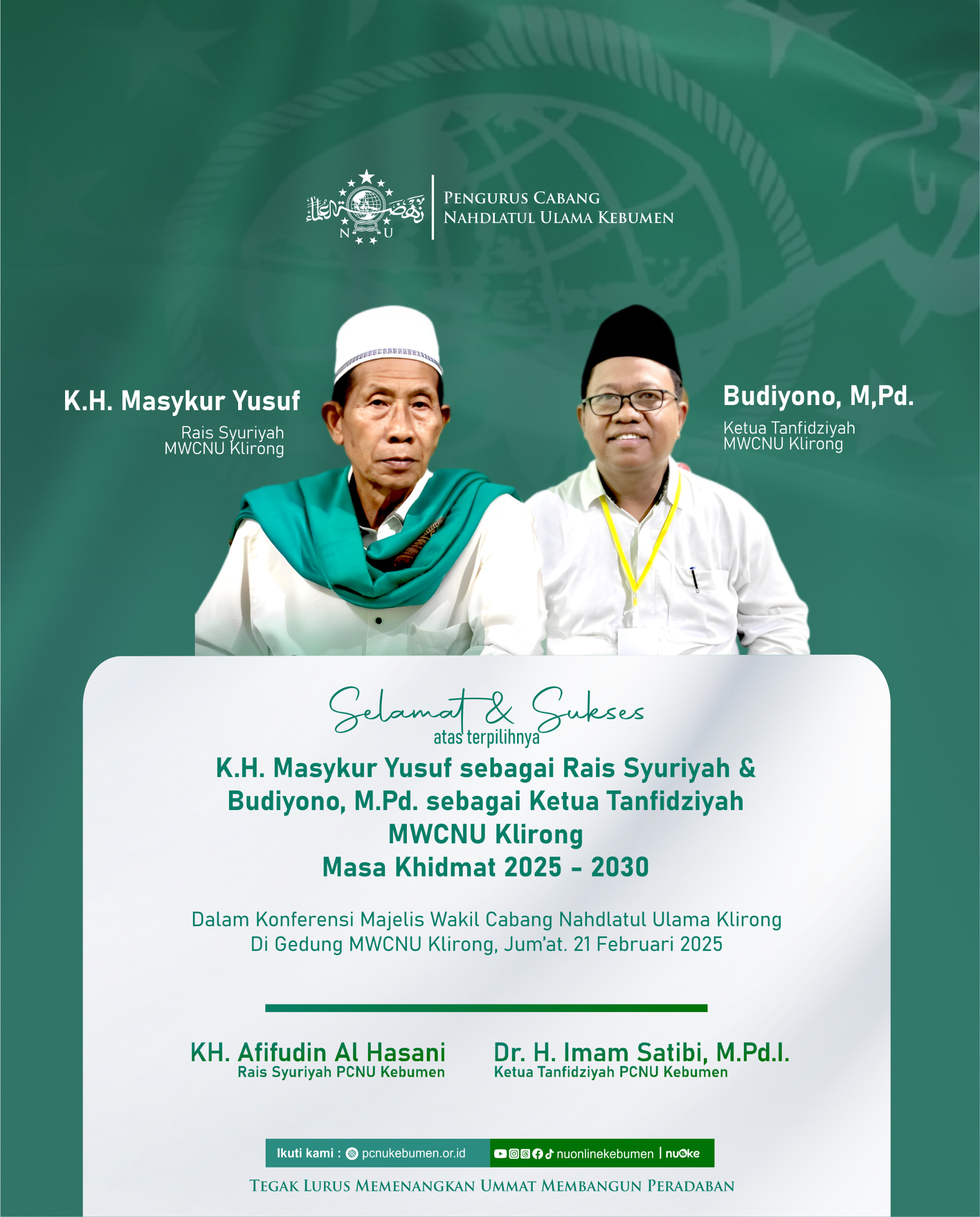 K.H. Masykur Yusuf dan Budiyono, M.Pd. Terpilih sebagai Pimpinan MWCNU ...